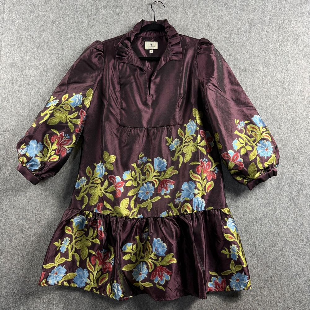 Tuckernuck Purple Satin Floral Embroidered Ruffle Neck Puff Sleeve Dress Medium